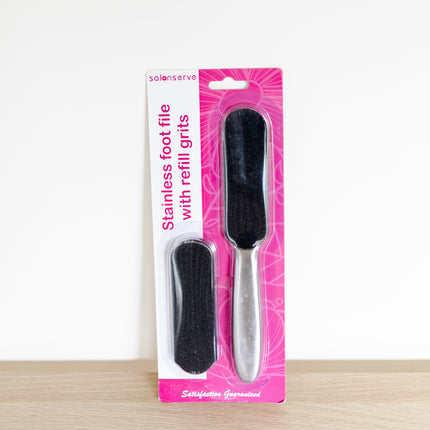 Stainless steel foot file with peel off refil grit